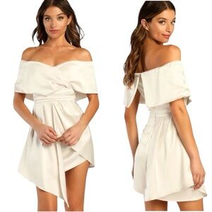 NWOT Lulus Always Celebrating Ivory Champagne Satin Off-Shoulder Mini Dress